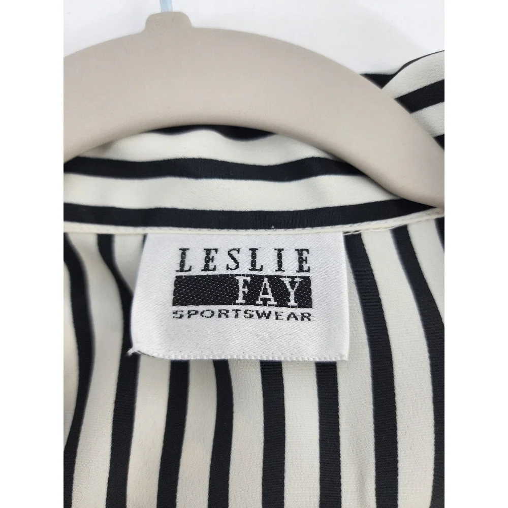 Leslie Fay Sportswear Black White Vertical Striped Button Up Blouse Shirt